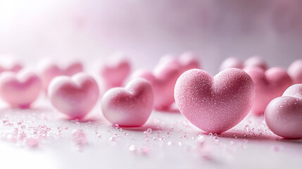 Obraz premium Background of pink heart shaped candy with sugar crystals on white surface.