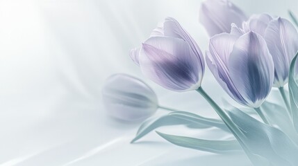 Fototapeta premium Delicate lilac tulip bouquet arranged elegantly on a white table, showcasing a minimalist design for a serene spring-themed presentation.