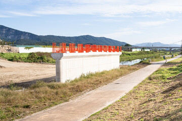 A bridge construction site, using modern technologyHaving laid a foundation to build a bridge,