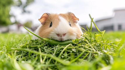 2409_017. A gentle guinea pig surrounded by  grassy pen, showcasing a  veggie nibbling in a vibrant outdoor setting. This image captures the essence of adventure and happiness in nature