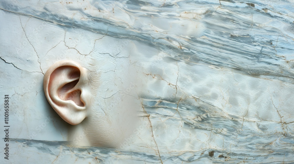 Poster a realistic human ear embedded in textured marble, showcasing a blend of organic and geological form