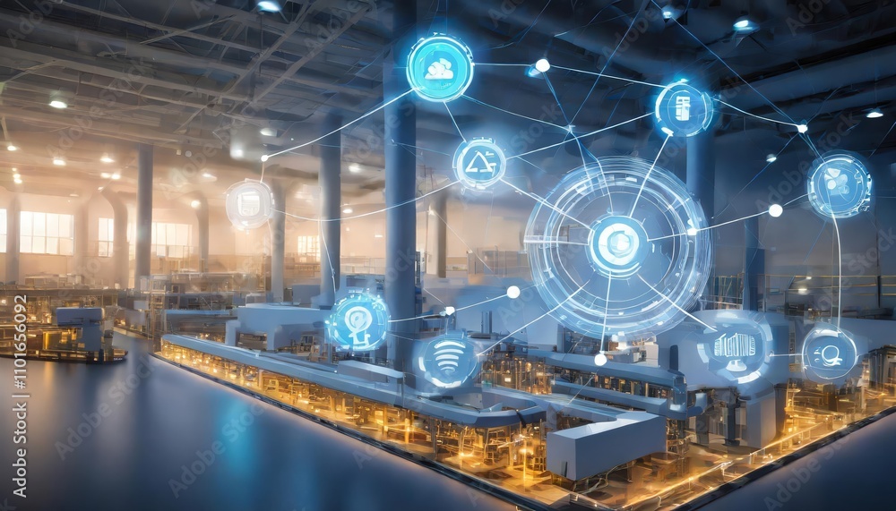 Poster cutting-edge smart factory showcasing connected infrastructure, advanced automation, iot integration