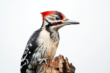 Portrait of woodpecker bird on wooden tree trunk isolated on white background, Selective focus red head woodpecker bird on white.