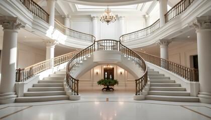 Fototapeta premium A grand, ornate interior with a sweeping staircase, intricate architectural details, and a chandelier hanging from the domed ceiling.