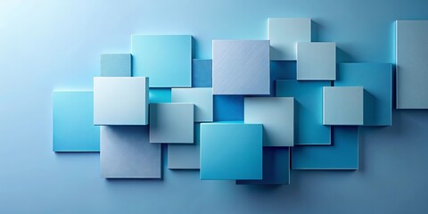 Abstract Geometric Composition of Overlapping Blue Cubes and Rectangles