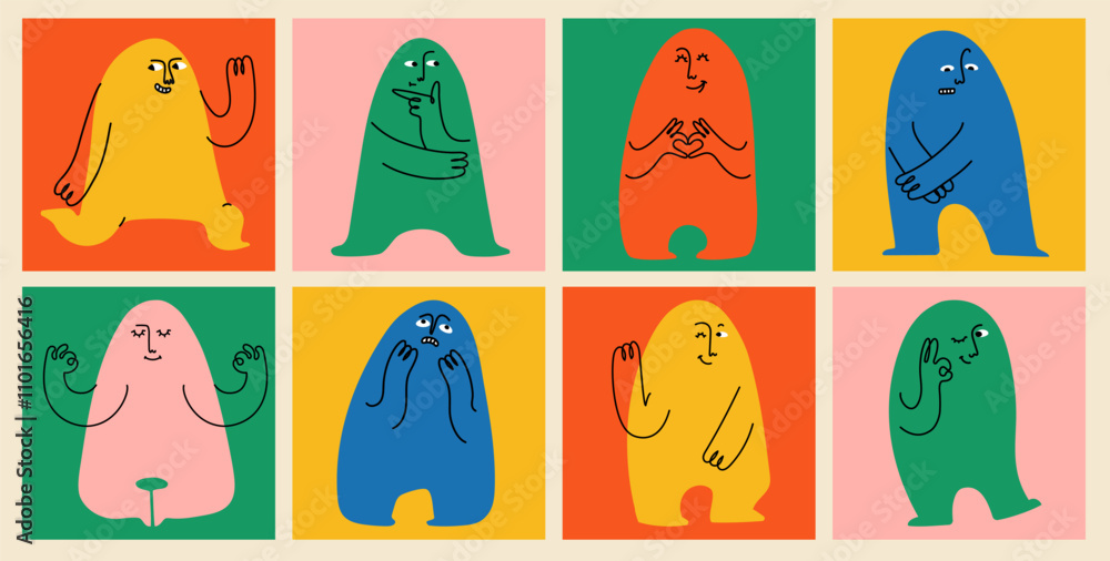 Poster abstract cute creatures or mascot doodle characters set with different face emotions. colorful avata