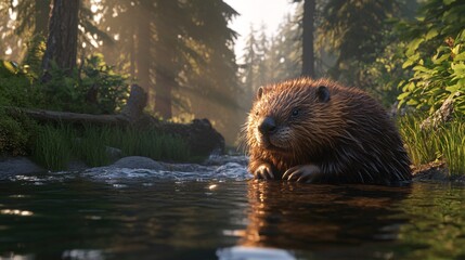 2409_044. A industrious beaver surrounded by  woodland stream, showcasing a  dam building in a vibrant outdoor setting. This image captures the essence of adventure and happiness in nature