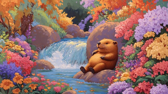 2409_044. A industrious beaver surrounded by  woodland stream, showcasing a  dam building in a vibrant outdoor setting. This image captures the essence of adventure and happiness in nature