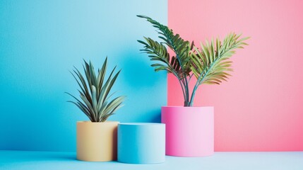 Obraz premium Vivid potted plants against colorful blue and pink background