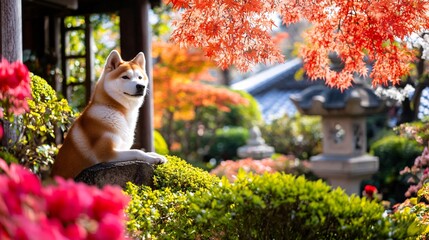 Fototapeta premium 2409_095. A loyal akita surrounded by japanese garden, showcasing a noble posture in a vibrant outdoor setting. This image captures the essence of adventure and happiness in nature