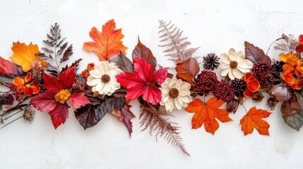 Autumn floral arrangement with vibrant dried leaves, flowers, and rowan berries showcased on a light background from a flat lay perspective.