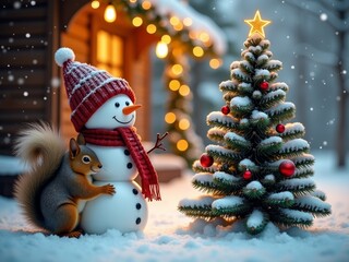 In a magical winter landscape, a jolly snowman wearing a red scarf greets a curious squirrel, while a beautifully decorated Christmas tree glows softly nearby.