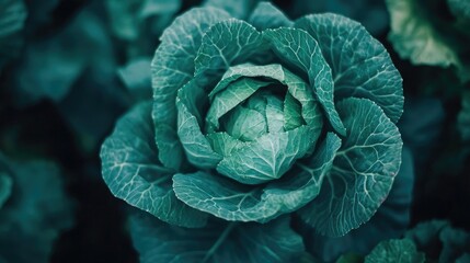 Obraz premium Close-up of vibrant green cabbage flourishing in a lush garden, emphasizing the essence of organic farming and the beauty of fresh produce.