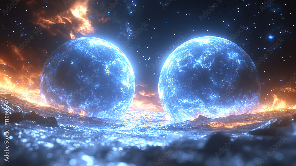 Poster celestial bodies glowing in a cosmic setting with fiery elements and starry background. generative a