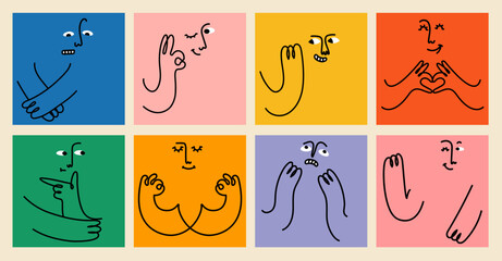 Emoji set of diverse people face doing funny hand gestures and emotions. Colorful avatar design of the social media emojis in modern flat cartoon simple doodle art style