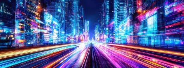 Futuristic Cityscape Night Highway Light Trails