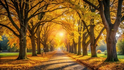Fototapeta premium Golden Autumn Trees Lining Park Pathway, peacefully serene, with Fallen Leaves under Warm Sunlight