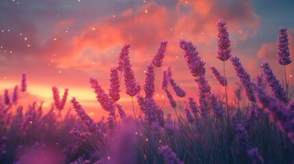 Close-up of pink lavender flowers swaying in the breeze, set against a colorful twilight sky.