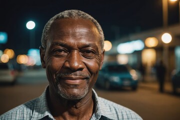 Fototapeta premium Close portrait of a smiling senior Gabonese man looking at the camera, Gabonese city outdoors at night blurred background