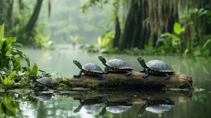 Obraz premium Close-up of turtles on a log in a misty wetland, surrounded by lush vegetation and still water.