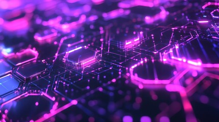 Obraz premium Abstract digital circuit design with vibrant purple and blue lighting effects.