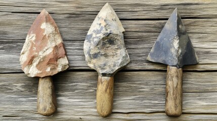 Close-up of ancient stone tools, sharp flint knives, and polished axes on a weathered wooden surface, symbolizing prehistoric craftsmanship and the dawn of human ingenuity