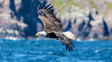 Obraz premium 2409_026. A noble bald eagle surrounded by coastal cliffs, showcasing a soaring majesty in a vibrant outdoor setting. This image captures the essence of adventure and happiness in nature