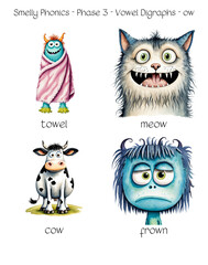 Smelly Phonics - Phase 3 - Vowel Digraphs - ow - towel, meow, cow, frown