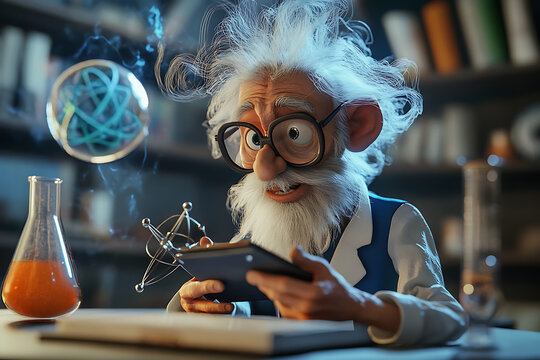 A whimsical scientist with wild hair examines a smartphone in a laboratory filled with experiments.