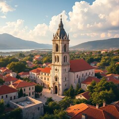 Obraz premium Aerial view of Jelsa Church bell tower, a Croatian summer gem.