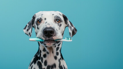 Pet dental care and hygiene. oral health for pets in a playful and engaging manner for advertisement, animal welfare. Dalmatian dog holding a toothbrush in its mouth on blue background. 