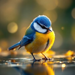 Fototapeta premium AI-generated blue tit portrait, mirror reflection, soft bokeh effect.