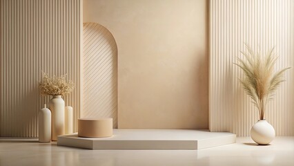 Neutral-toned minimalist product display with subtle textures and architectural elements