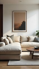 A cozy and minimalist living room with a large beige sectional sofa, a wooden coffee table, and framed artwork on the wall.