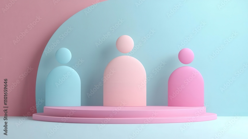 Poster abstract shapes in pastel colors create a minimalist design, featuring three rounded figures on a ci