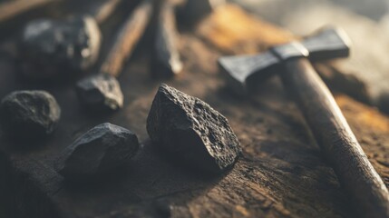 Close-up of ancient stone tools, sharp flint knives, and polished axes on a weathered wooden surface, symbolizing prehistoric craftsmanship and the dawn of human ingenuity