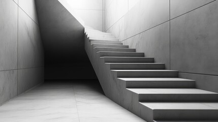 Fototapeta premium Grayscale abstract staircase with wide stone steps viewed from a diagonal perspective, highlighting the minimalist design and structural elegance of the cement stairway.