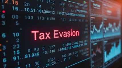 Tax Evasion Alert: A digital screen displaying financial data highlights the alarming term "Tax Evasion" in bold red, against a backdrop of complex charts and numbers of income.