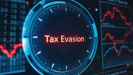 Tax Evasion and Income Countdown:  A digital clock displaying "Tax Evasion" in alarming red against a backdrop of fluctuating financial charts of illegal tax practices.
