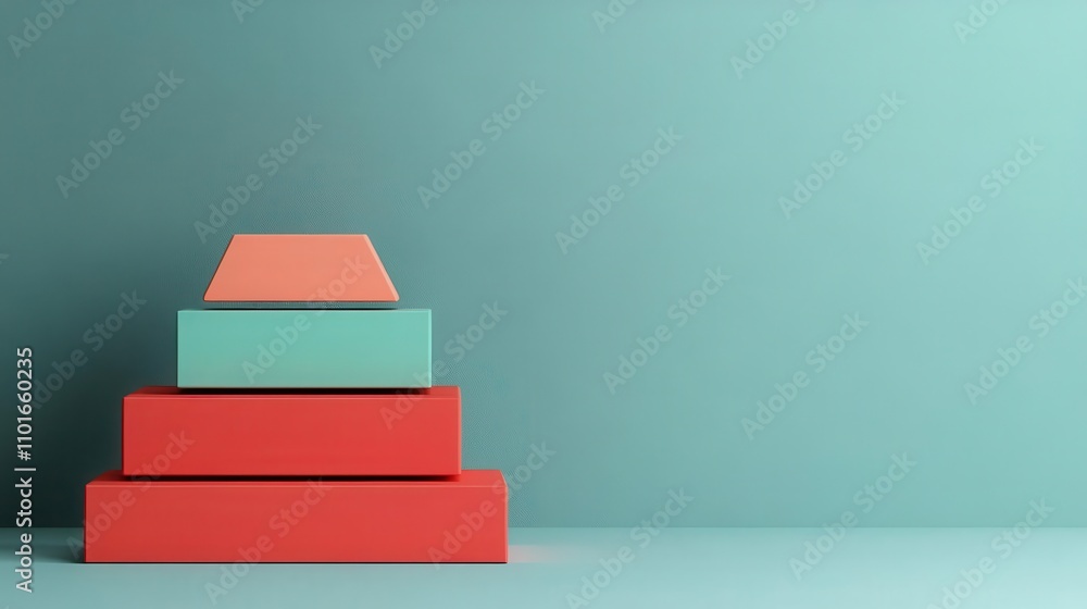 Poster a minimalist stack of colorful books arranged in varying sizes against a soft teal background, creat