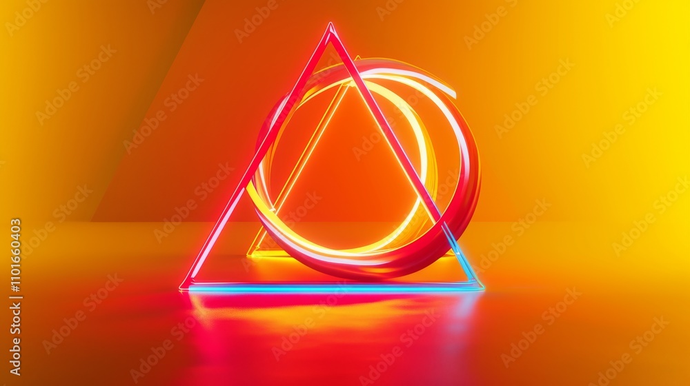 Poster a vibrant 3d artwork featuring a glowing neon triangle and circular shapes against a bold yellow bac