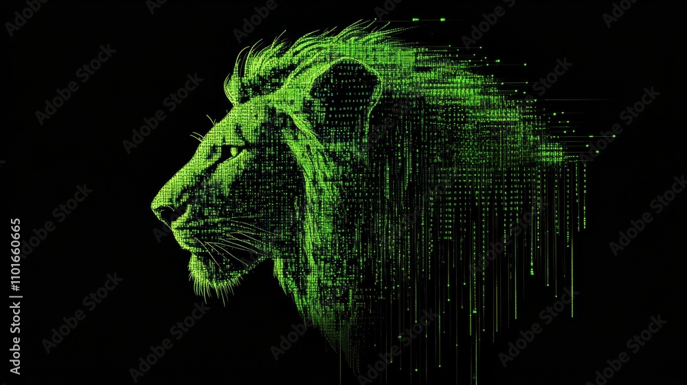 Poster dynamic display of glowing neon green digital code forming a lion in a futuristic urban environment