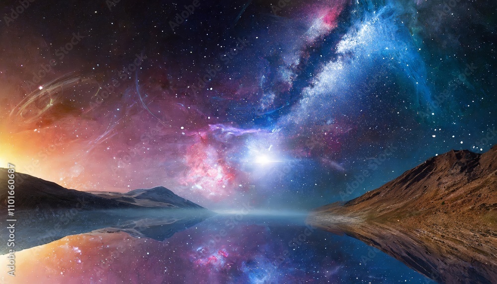 Poster dynamic space abstract background with vibrant colors, star clusters, cosmic nebulae, and subtle gal