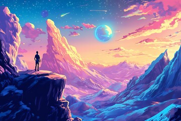 Fototapeta premium A surreal landscape featuring mountains, a distant planet, and a lone figure at sunset.