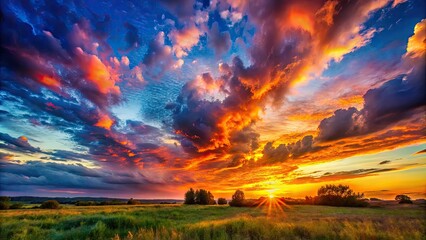 Obraz premium Sunset Sky Over Open Landscape - AI Photo