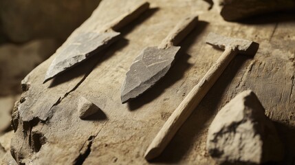 Close-up of ancient stone tools, sharp flint knives, and polished axes on a weathered wooden surface, symbolizing prehistoric craftsmanship and the dawn of human ingenuity