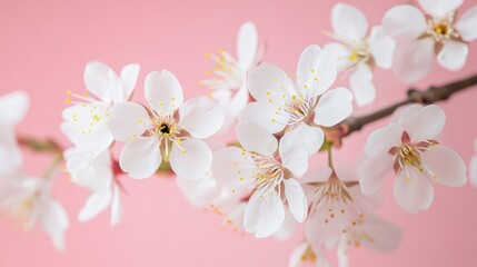 Delicate cherry blossoms elegantly arranged against a soft pink backdrop, creating an inviting space for artistic designs and creative projects.