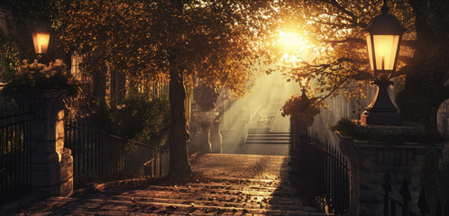 The bright sun is shining beautifully through the leaves of the trees