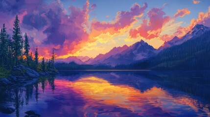 Early morning glow over a placid lake, with gentle ripples and a vibrant burst of color in the sky.