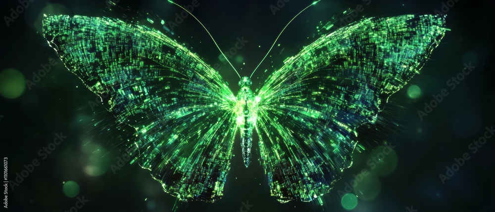 Poster neon green butterfly displaying data patterns digital environment abstract art close-up view